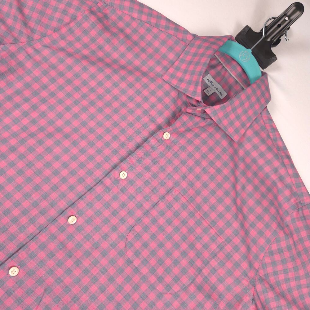Peter Millar Crown Crafted Pink Gray Check Button Up Shirt Short Sleeve Mens M/L